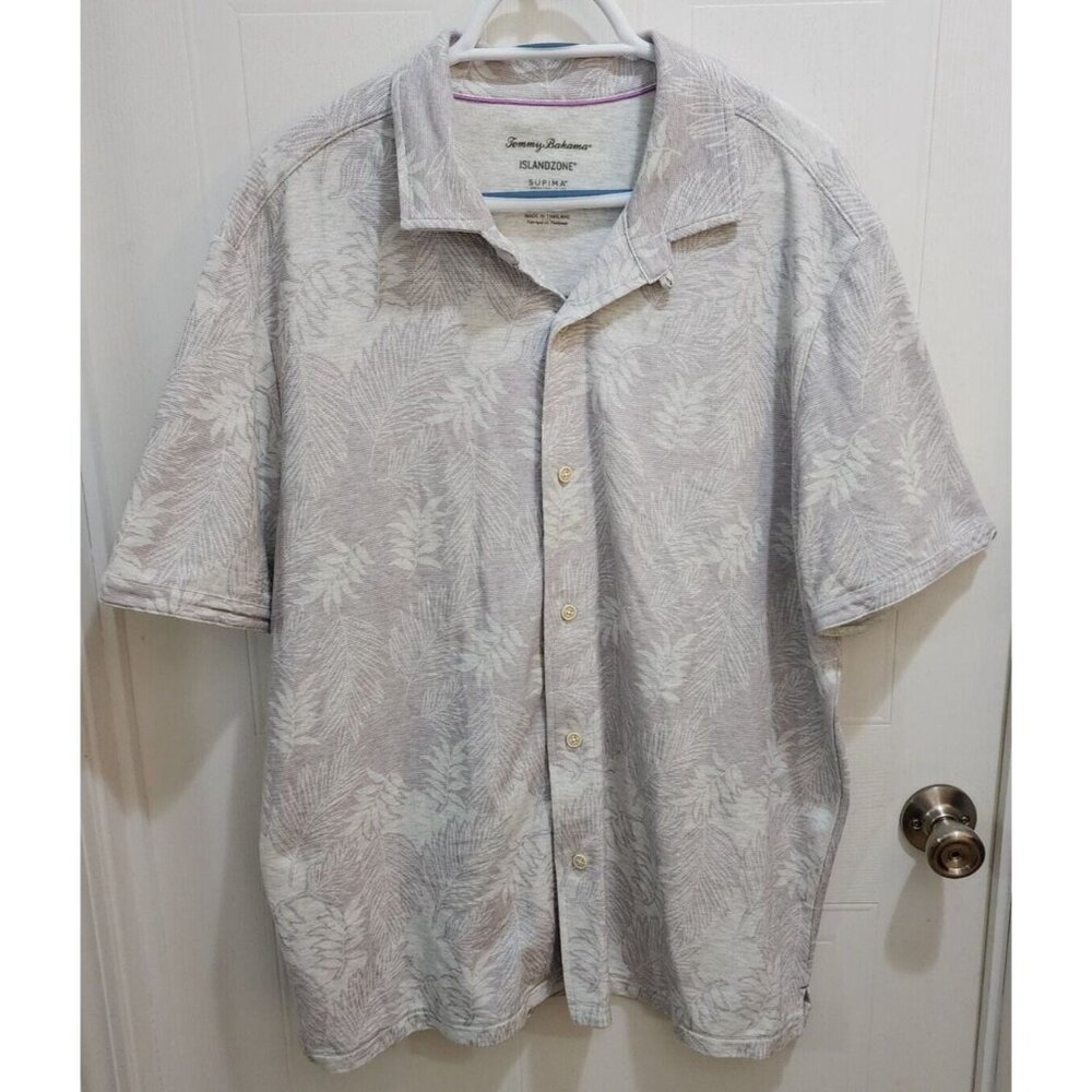 Tommy Bahama Islandzone Gray Palm AOP Button Up Polo Shirt Size XL Supima Cotton